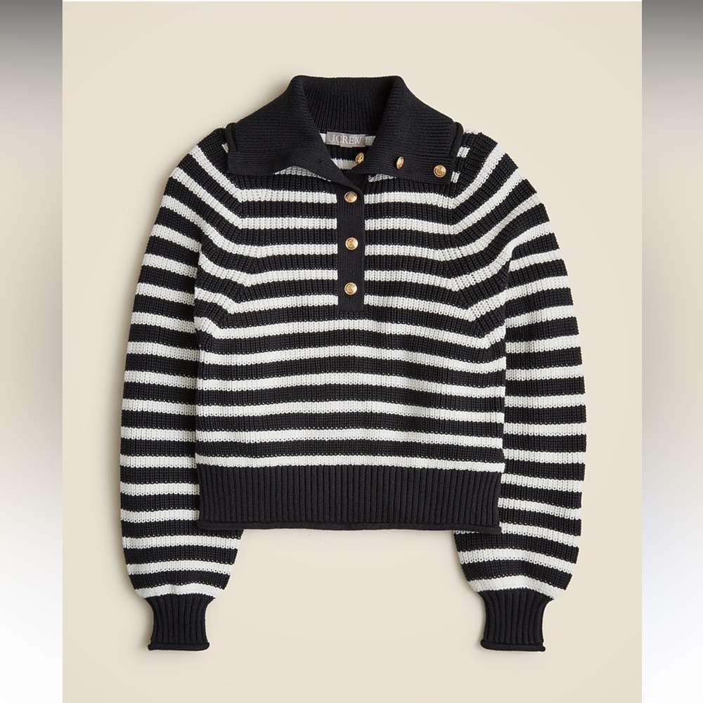 J. Crew Ribbed cotton button-collar sweater in black and white stripe
